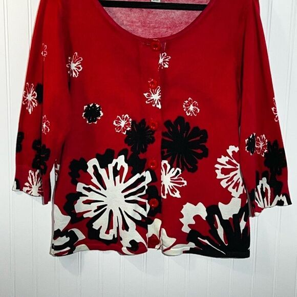 Mercer Street Studio Button Up Cardigan Sweater Womens Large Red Floral 3/4 Slv - Picture 4 of 8